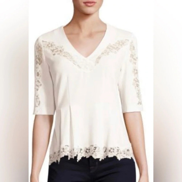 Rebecca Taylor Crepe Lace Inset Top Size 8 Beige Pleated 3/4 Sleeve V Neck - Picture 1 of 13